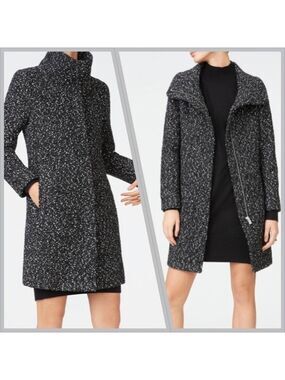 Club Monaco. Tweed Funnel Neck Wool blend coat. Black and white.